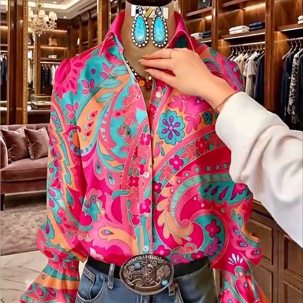 Vibrant Paisley Floral Print Long Sleeve Blouse - Pink and Turquoise - Picture 2 of 4
